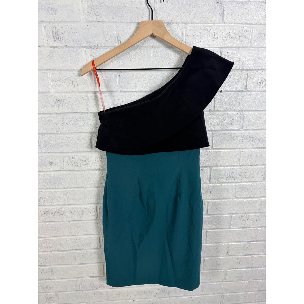 ML Monique Lhuillier Dress Women 2 Black Teal One Shoulder Colorblock Cocktail